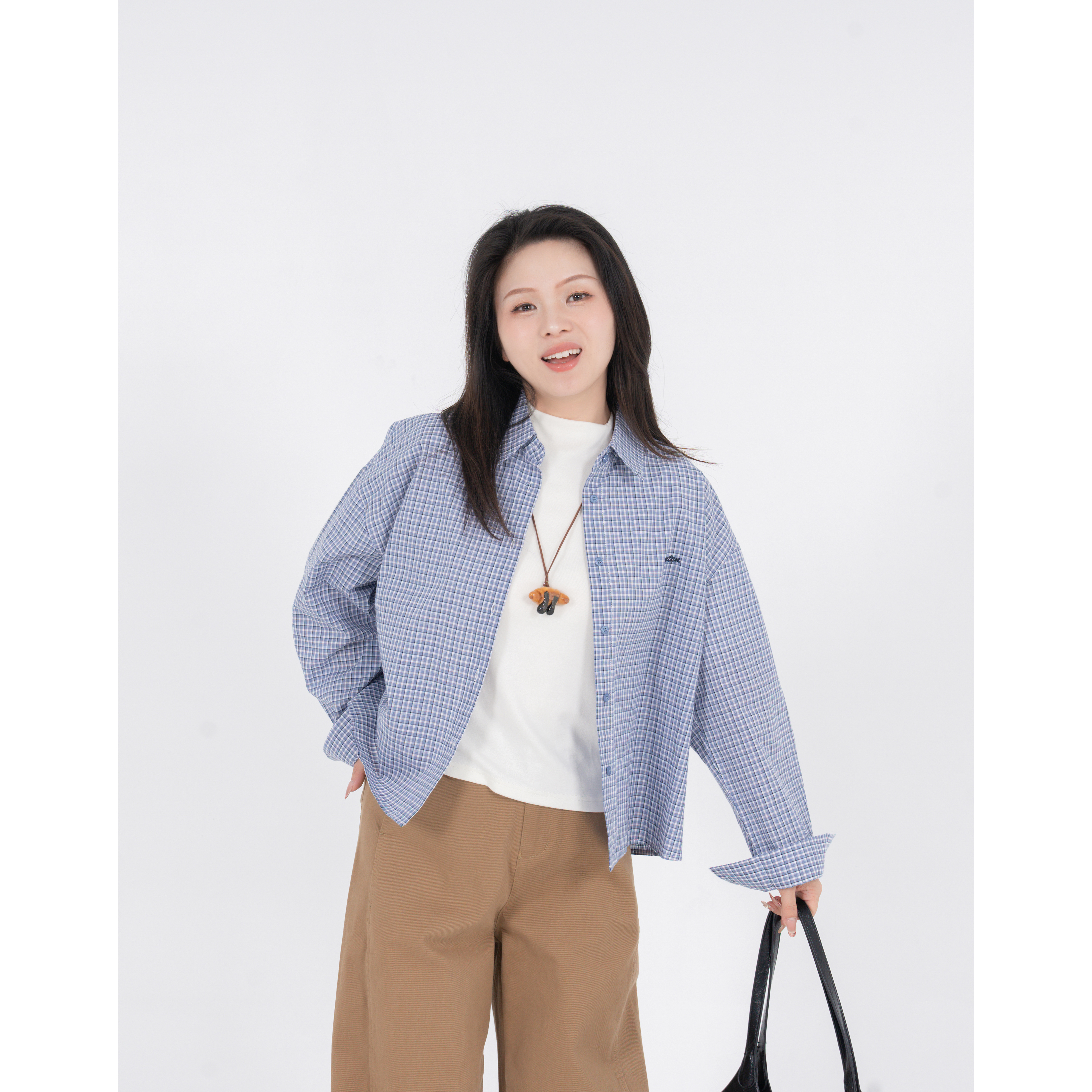 小个子圆圆CK1181韩系男友风刺绣格纹衬衫通勤轻薄透气全棉上衣女