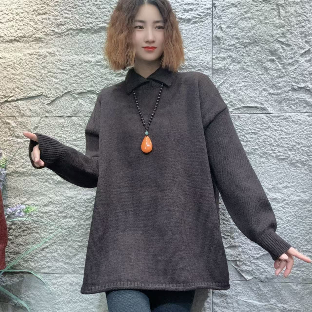 YXR2890秋冬新款小翻领毛衣宽松休闲大版中长款潮流百搭纯色