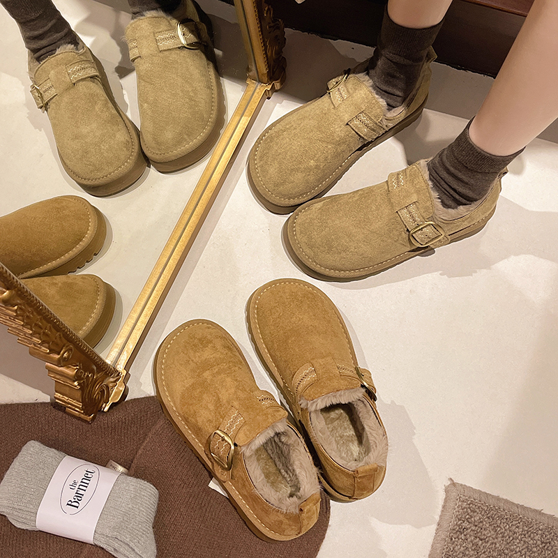 平底勃肯鞋女鞋子加绒加厚低帮雪地靴2025新款冬季乐福鞋毛毛棉鞋