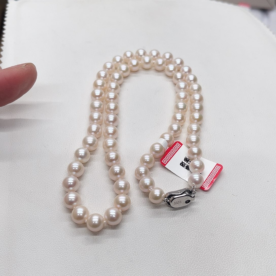 淡水珍珠项链银S925镶嵌7-8正圆