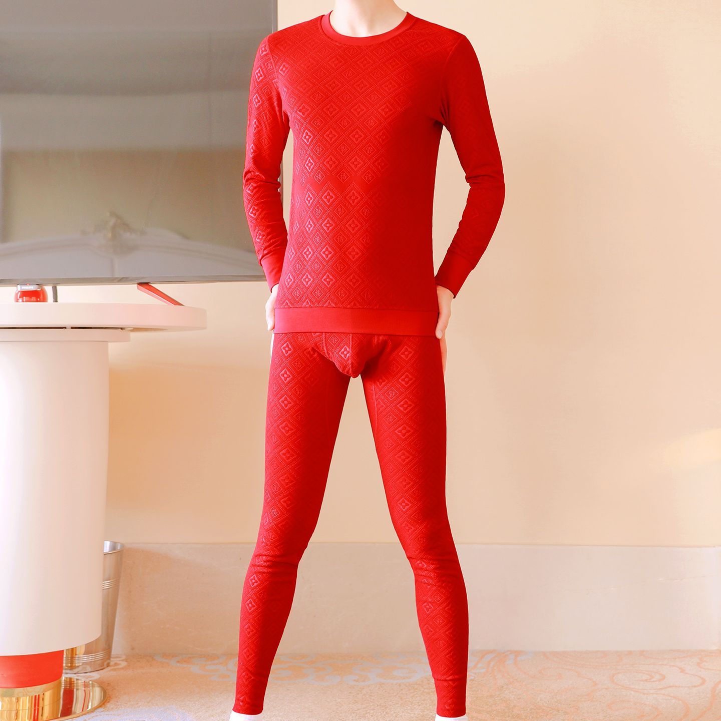 本命年秋衣秋裤套装男士大红色结婚喜庆鸿运打底线裤提花保暖内衣