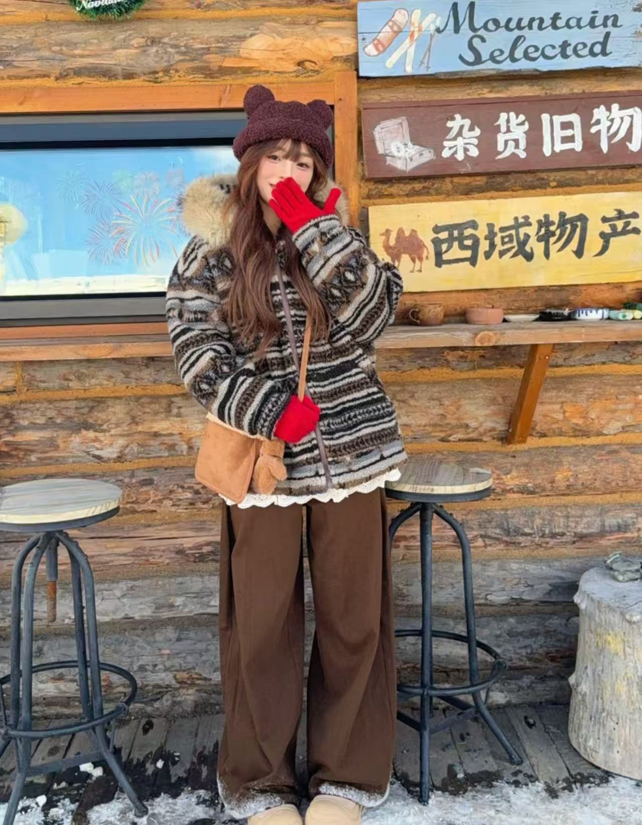 肉肉家 2025冬季新款韩系宽松连帽设计感费尔岛显瘦洋气加厚外套