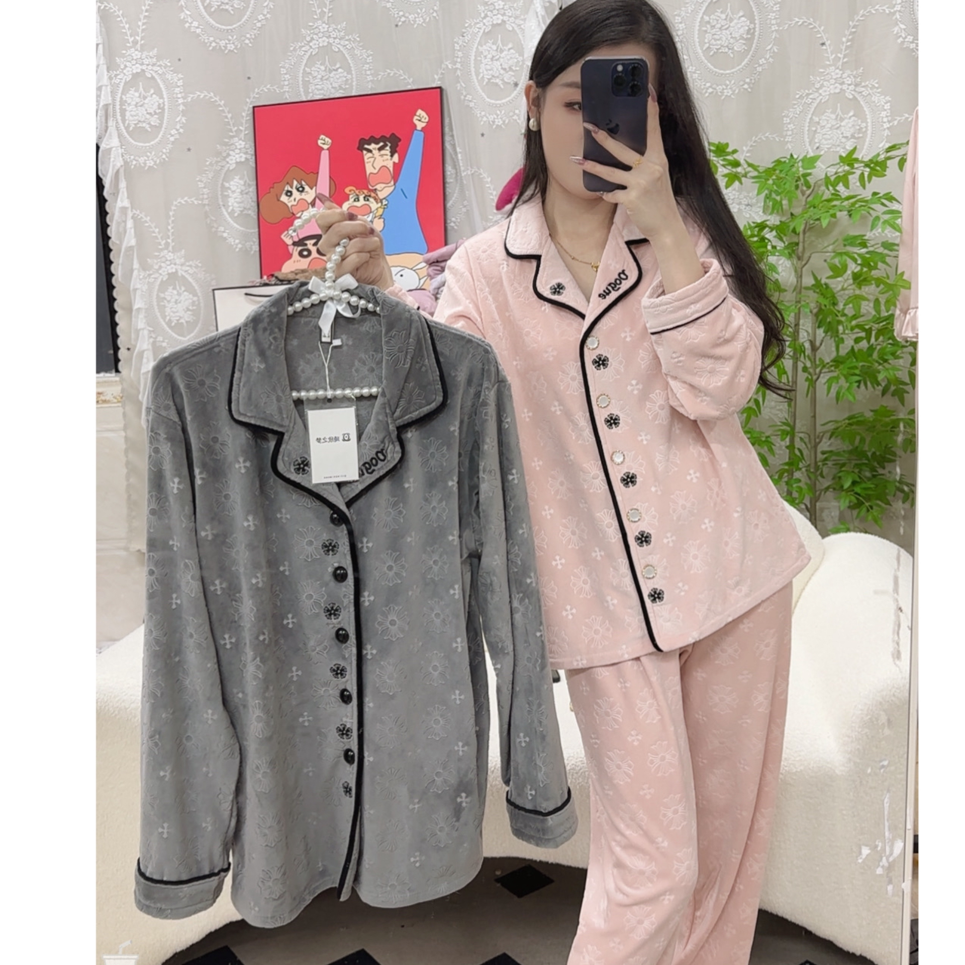 琦欣家冬季情侣克罗加厚海岛绒保暖家居服套装男女款睡衣