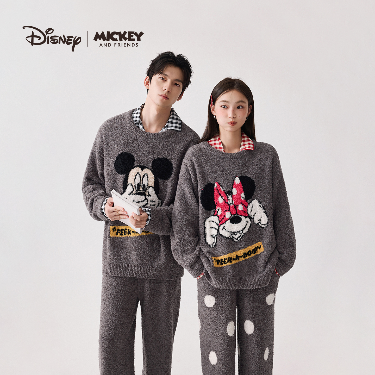 迪士尼米奇米妮情侣半边绒睡衣女秋冬男士套装家居服可外穿