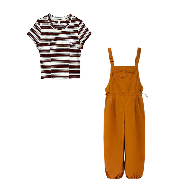 （女装）24404 时尚减龄圆领短袖条纹T恤工装背带裤两件套装