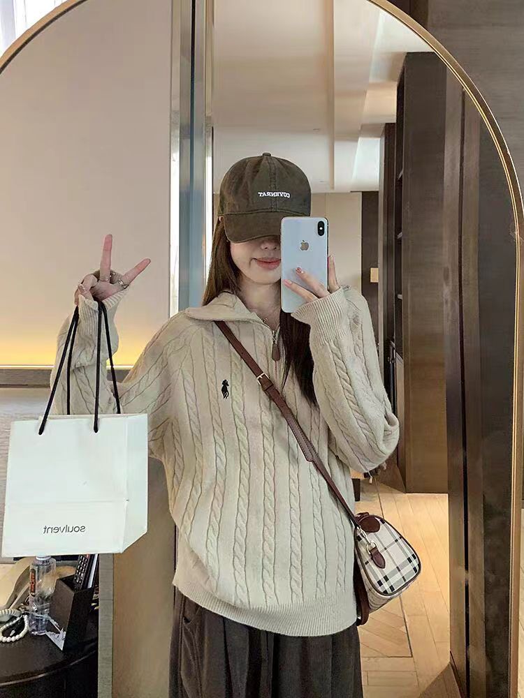 【大码女装200斤】polo领拉链毛衣外套慵懒风麻花针织开衫上衣A105