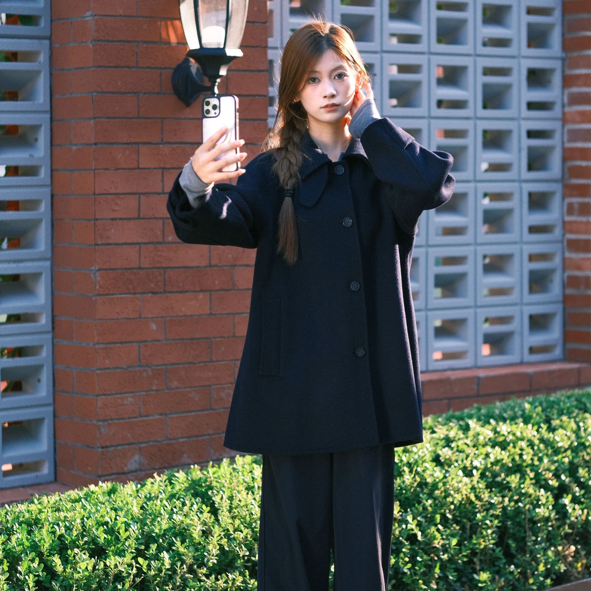 女长袖中长款宽松型翻领羊毛大衣外套秋冬冬季呢子