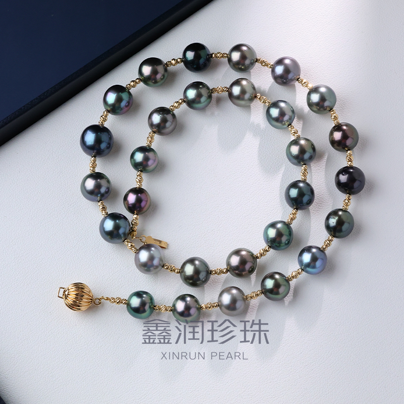 天然海水大溪地黑珍珠项链8-10mm莫兰迪色18K金小众设计款珍珠链