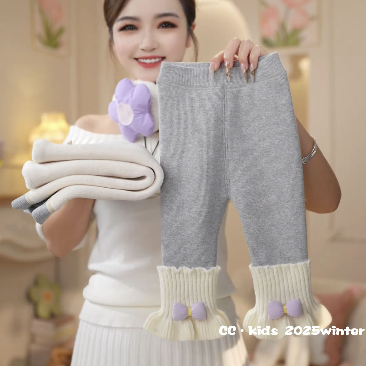 【加厚800克】儿童装女童宝宝可爱花边蝴蝶结裤脚加绒打底裤251217