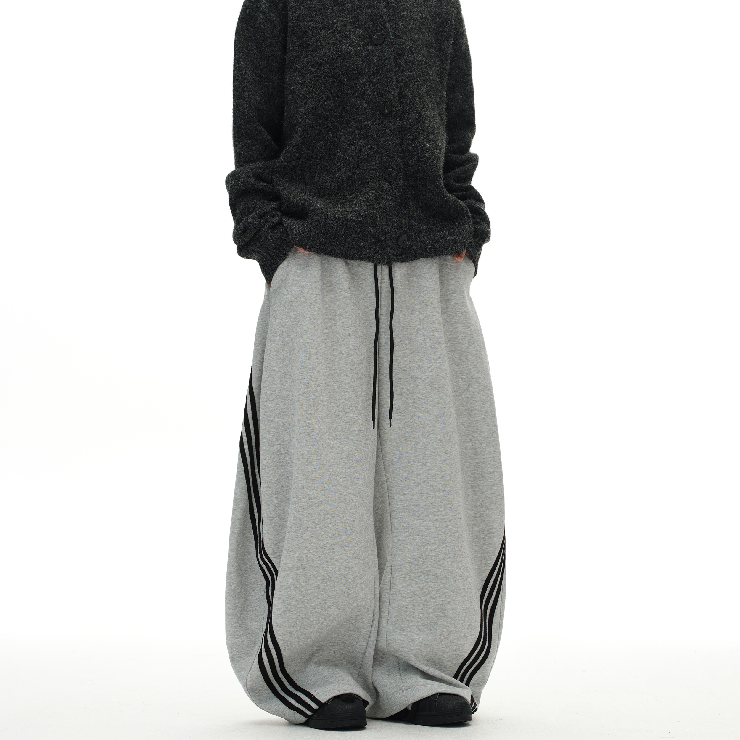 ISLAND秋冬新款美式复古条纹弯刀休闲卫裤男女宽松阔腿百搭裤子潮