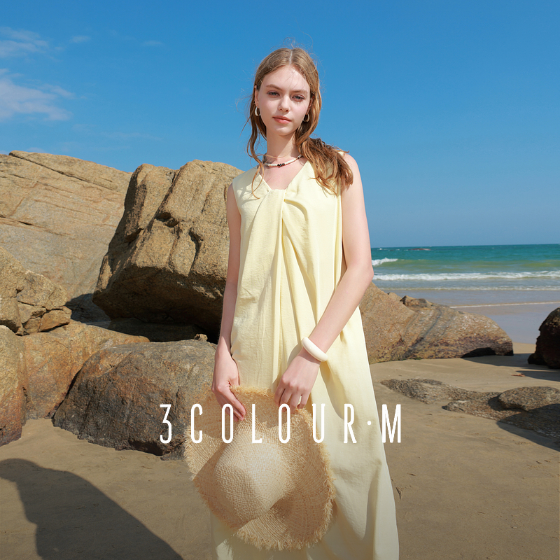 0149【CC专属】三彩2025夏季新款仿棉麻连衣裙无袖扭结背心裙dbx
