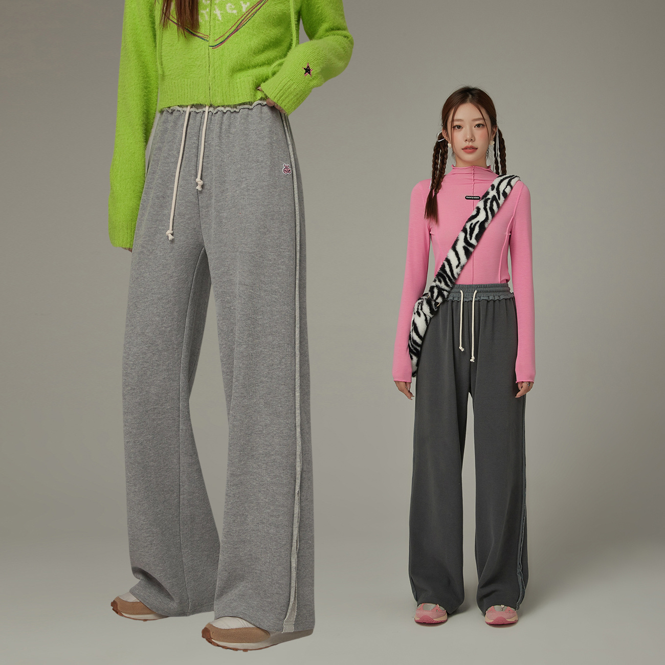 CHUU秋季女装拼接撞色设计直筒高腰松紧弹力百搭显瘦休闲裤