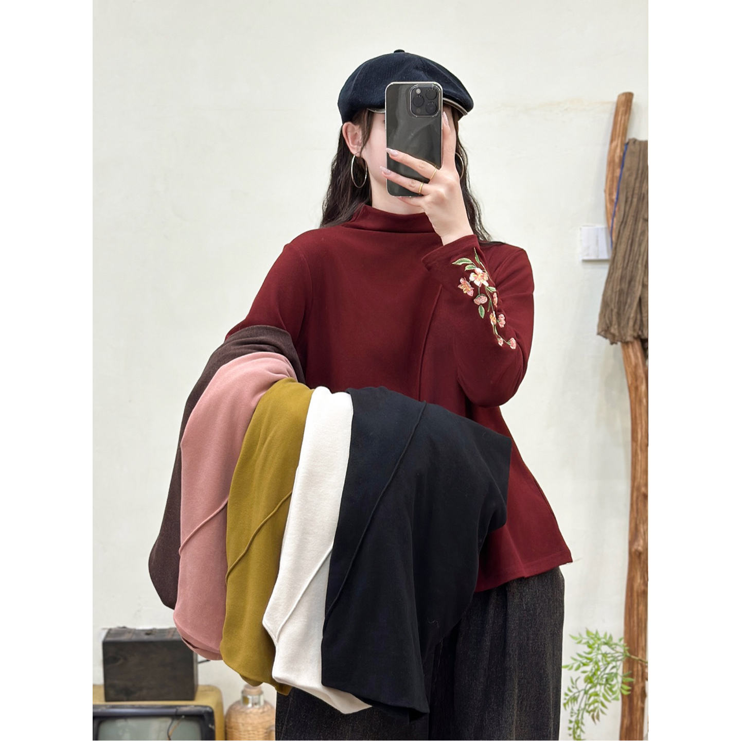 复古德绒半高领刺绣套头长袖T恤女文艺百搭显瘦打底衫