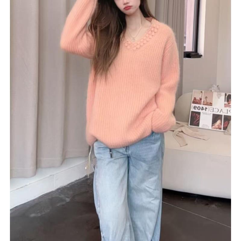 【100山羊绒】拉绒工艺251508-慵懒风领口花边竖坑条V领针织套头衫