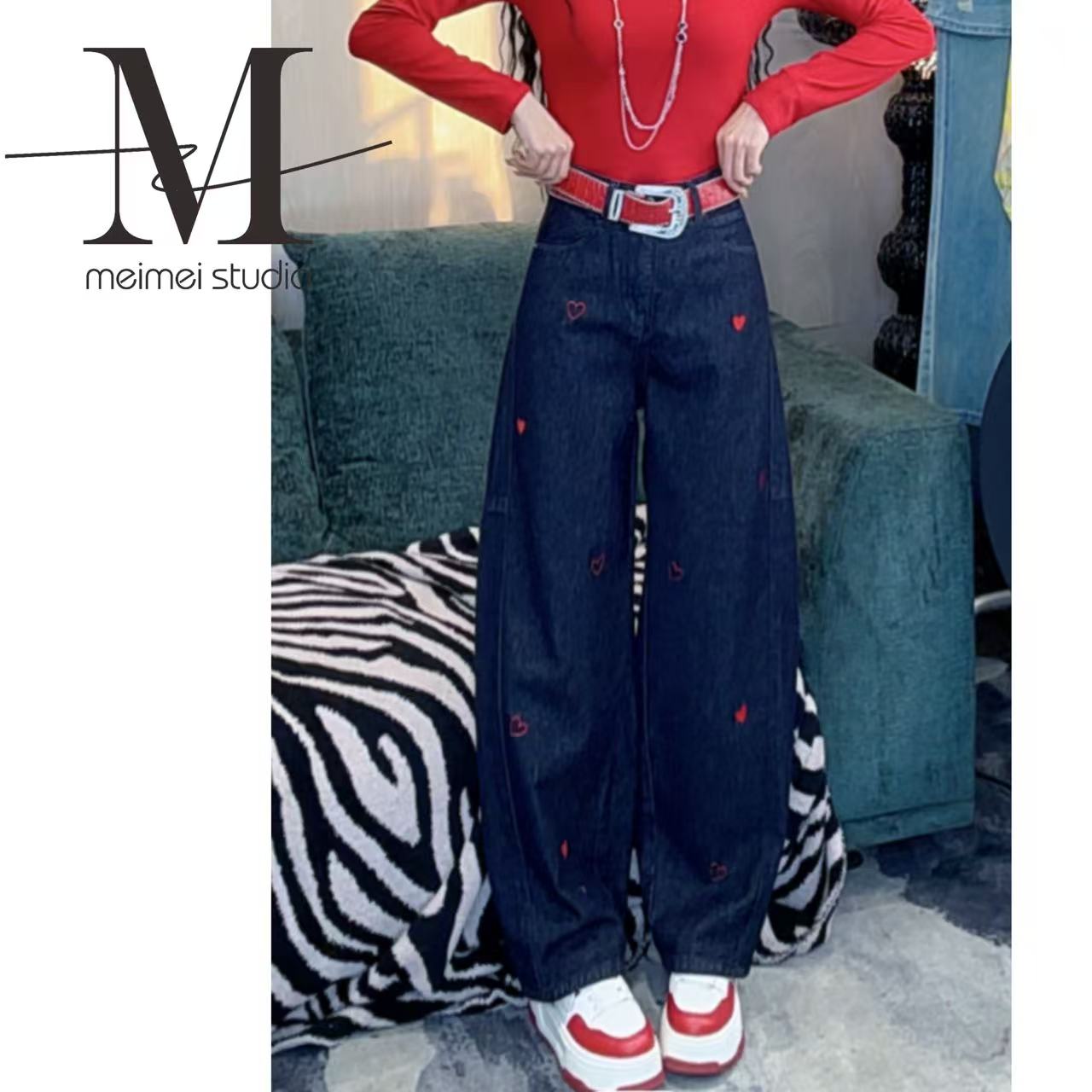 MEIMEI STUDIO【爱心】显瘦直筒宽松时尚弯刀牛仔裤548-30272495   