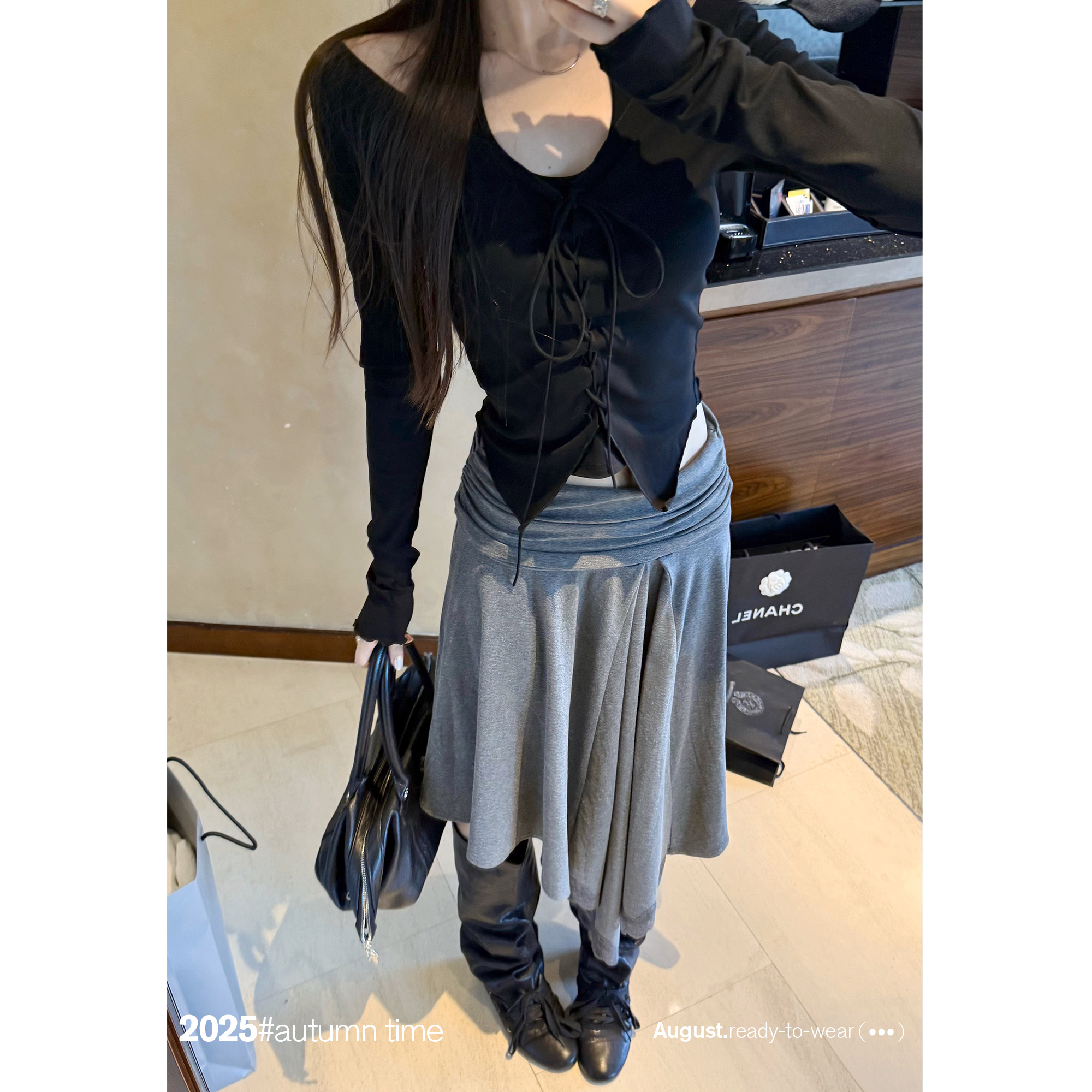 SUNONEONE【芭蕾黑巧】设计感一字肩挂脖绑带假两件上衣女-D0306T