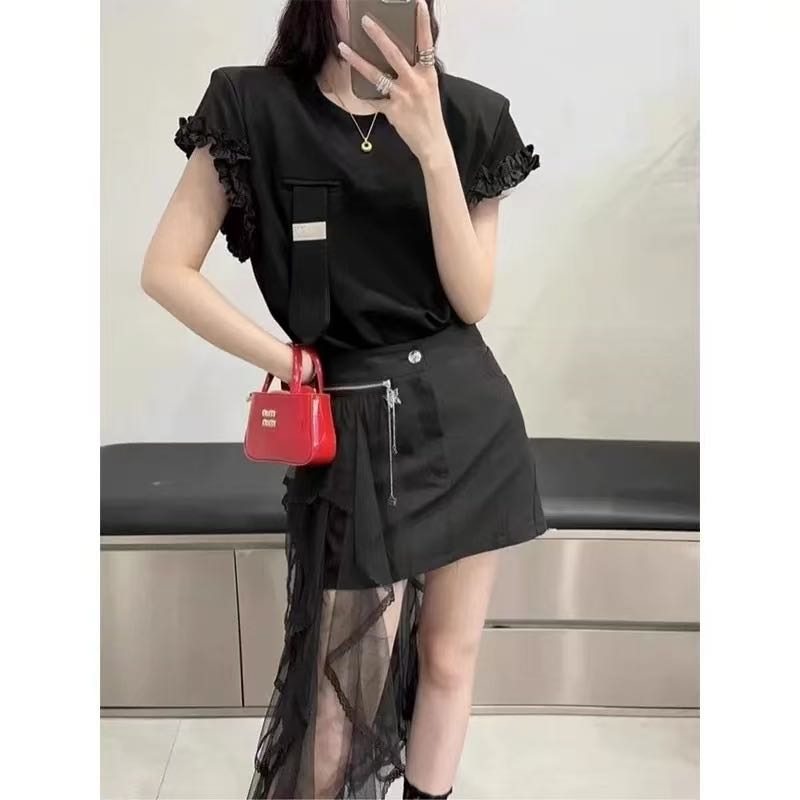 【引引家】2025夏季新款欧货时尚设计感荷叶边短袖