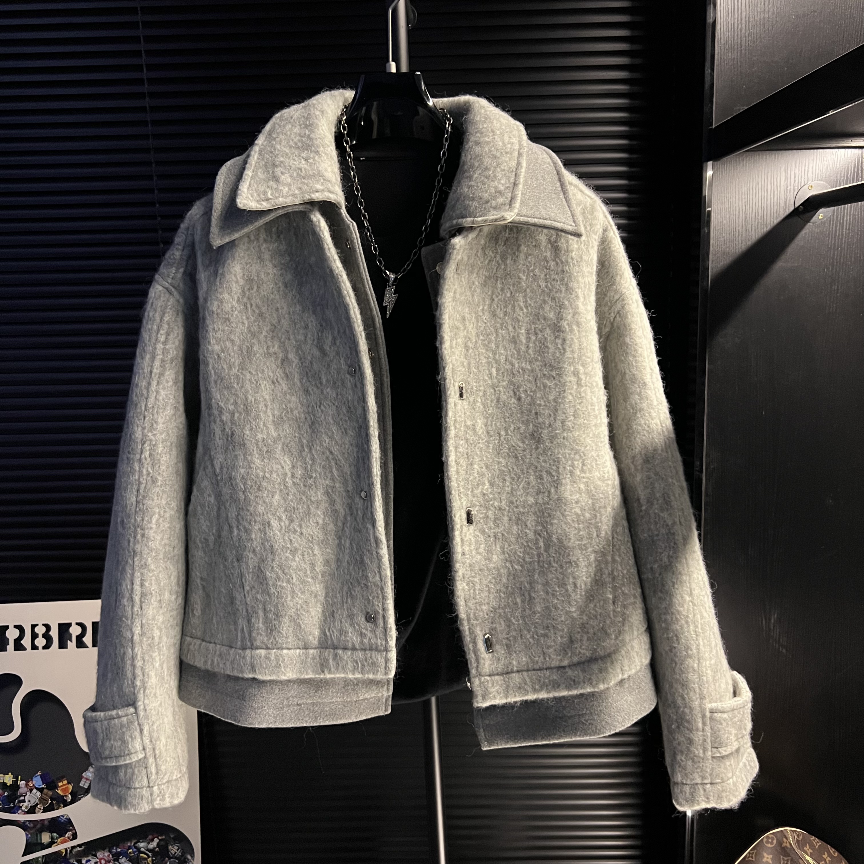 潇潇-秋冬双领撞色假两件短款夹克呢料外套休闲宽松加厚毛呢翻领