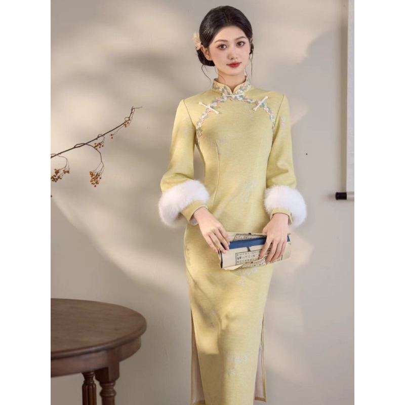 球球夫人丨秋棠）122cm冬季加绒单层长袖黄色复古气质中式旗袍