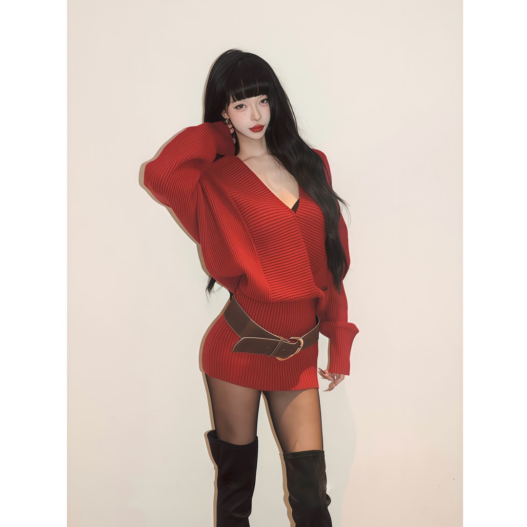 法式御姐气质V领长袖针织连衣裙女秋冬季新款收腰显瘦包臀短裙子