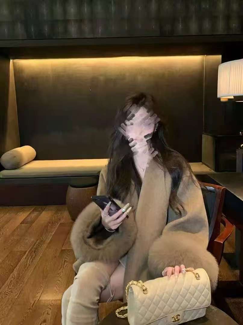 韩版双面羊毛秋冬新款狐狸毛袖口中长款斗篷老钱风青果领大衣女