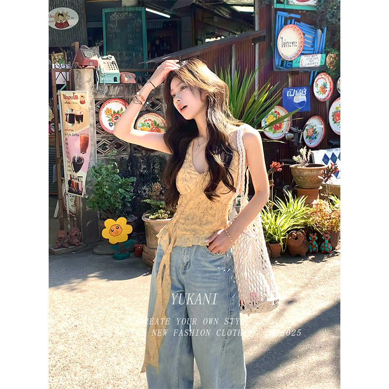 纯欲辣妹黄色碎花无袖吊带背心女夏季性感甜辣打底外穿飘带小上衣