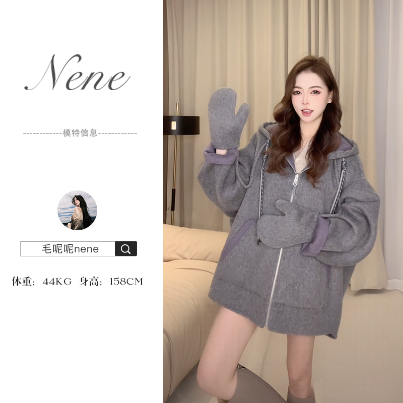 毛呢呢nene/首尔假日黑标！初剪澳毛双面穿连帽毛呢大衣高贵