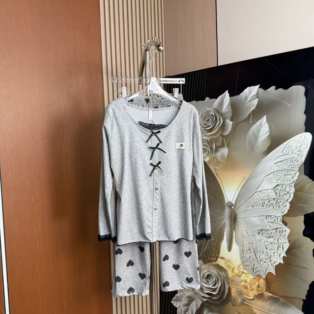 睡衣女灰色春秋季网红风简约长袖可外穿家居服套装