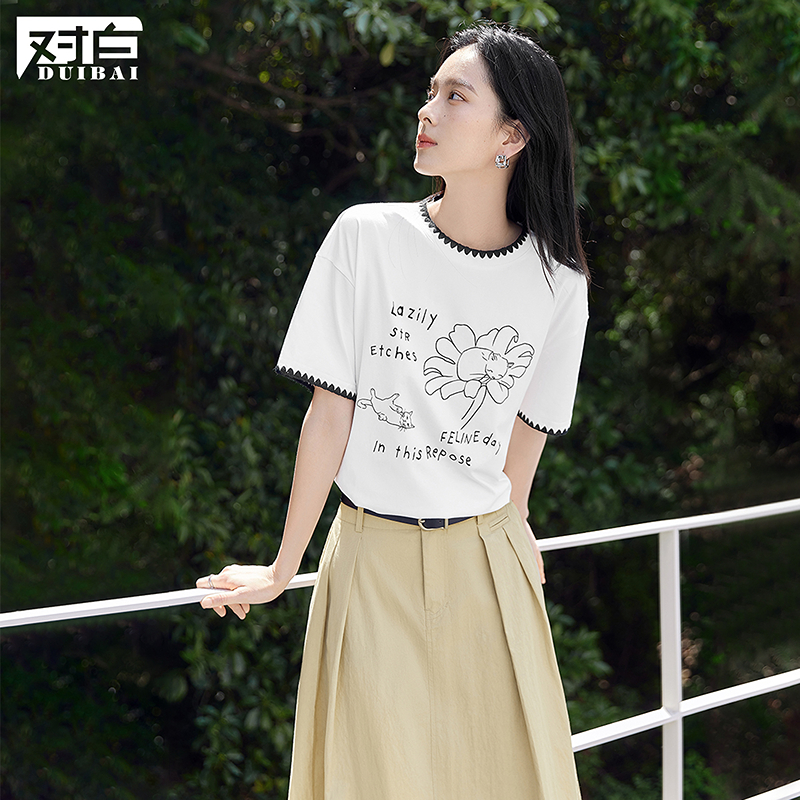 【李不了专属】D01对白猫咪印花短袖T恤女撞色贝壳绣圆领上衣FDT114