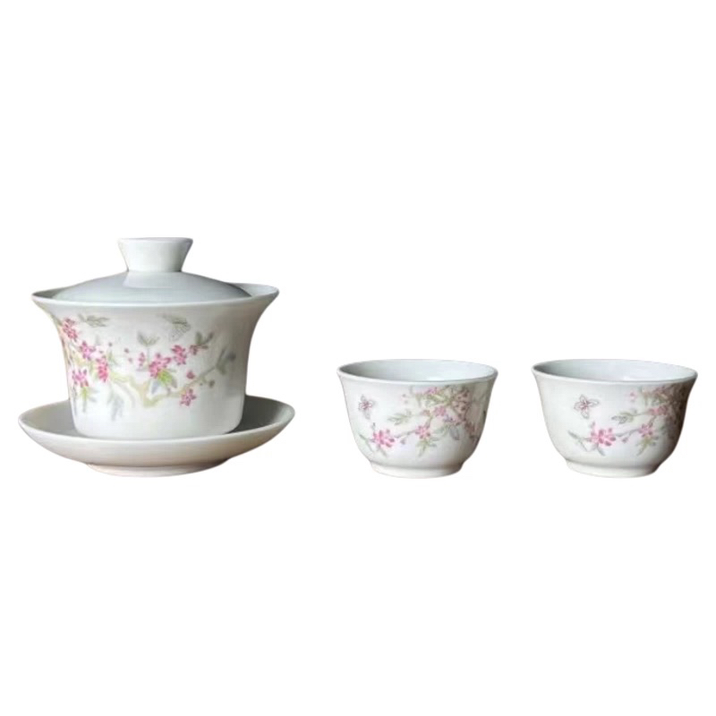 紫藤花三才悬停盖碗带两个杯子