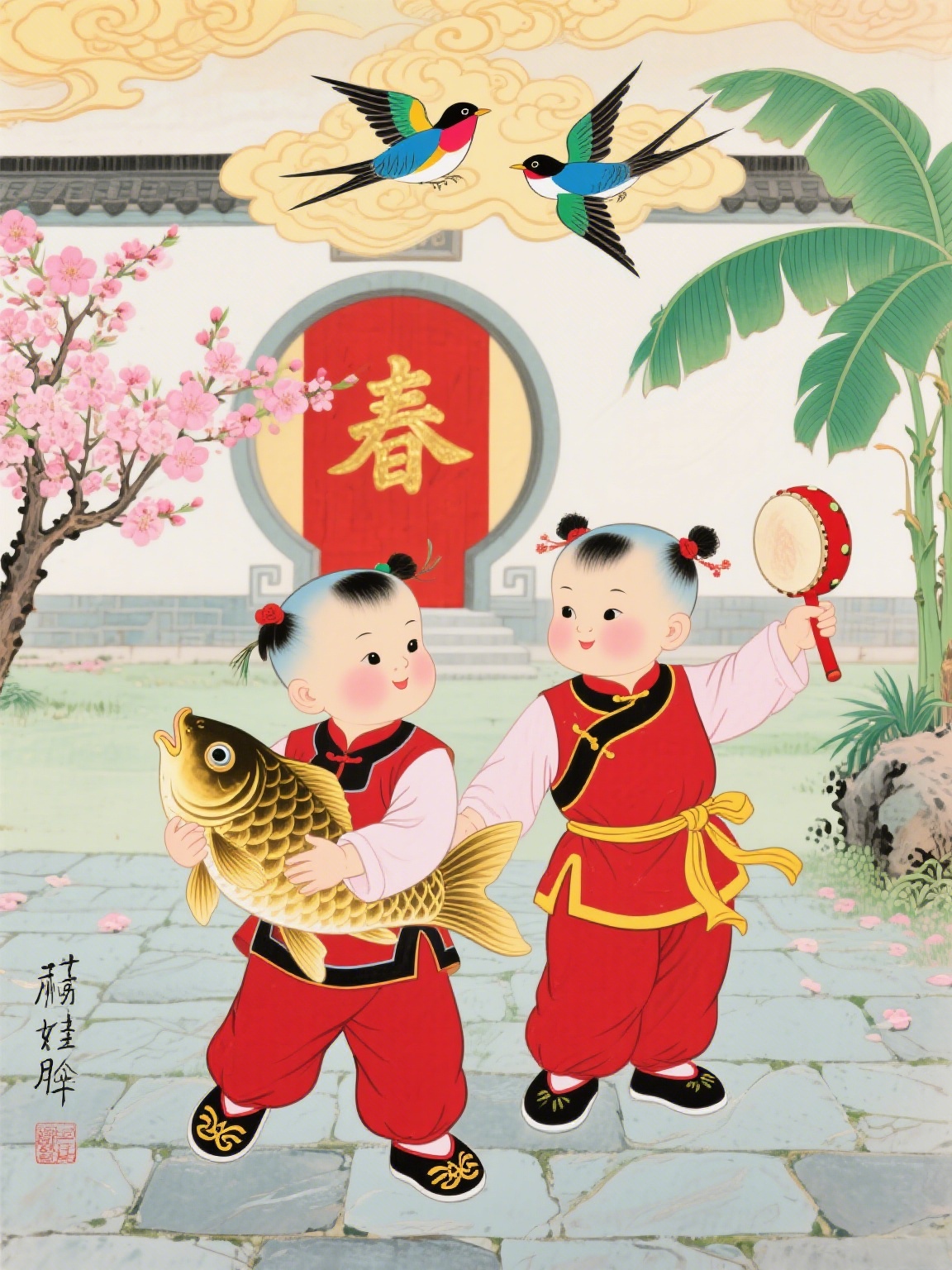 复古怀旧年画娃娃送子宝宝福寿娃财神年画