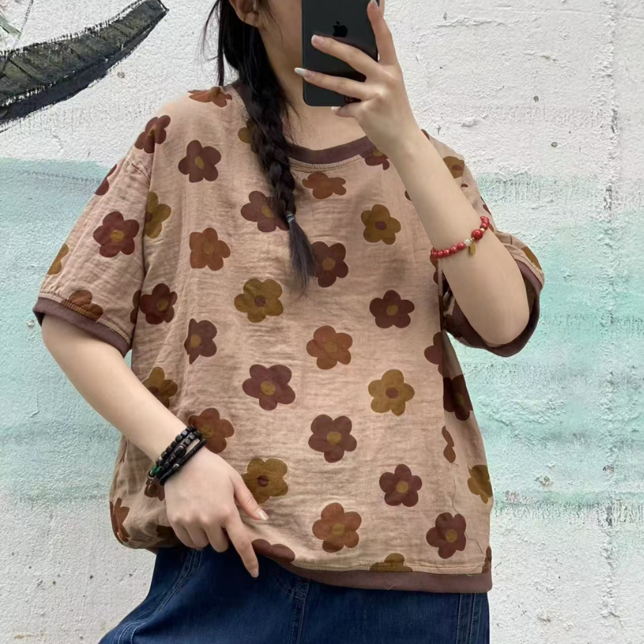 10712新款夏季休闲减龄花卉优雅显瘦短袖T恤