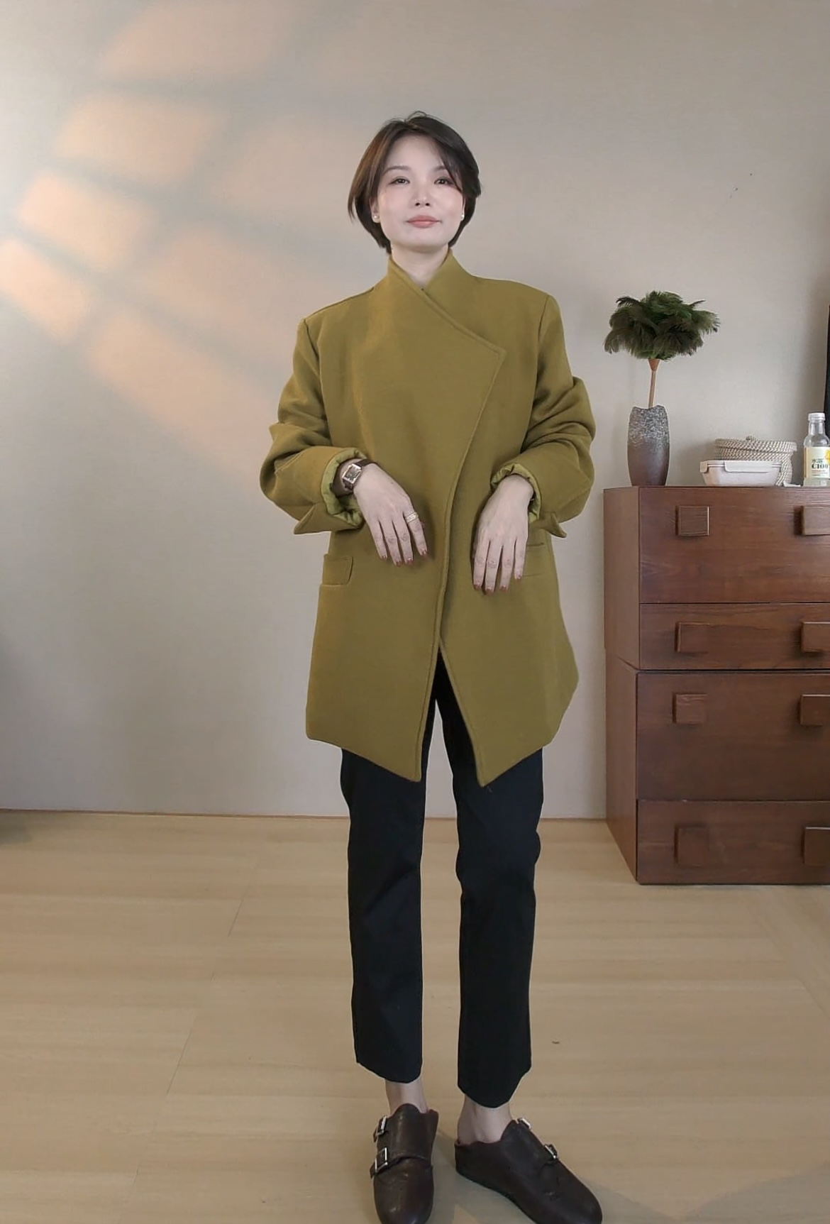 宽松型加棉保暖连袖法式纯色黑色毛呢棉服秋冬季宽松