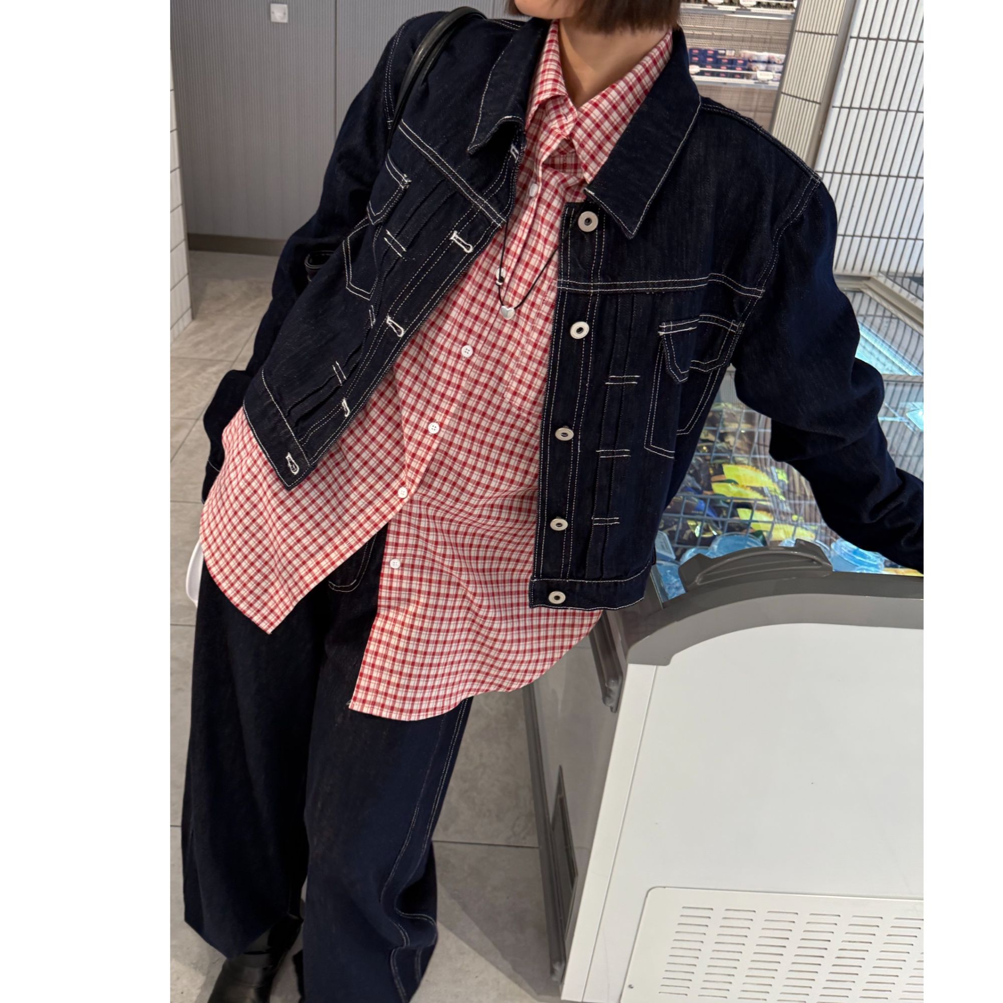 【清】2025秋季韩版单排扣明线短款牛仔外套+明线牛仔裤套装85755-1