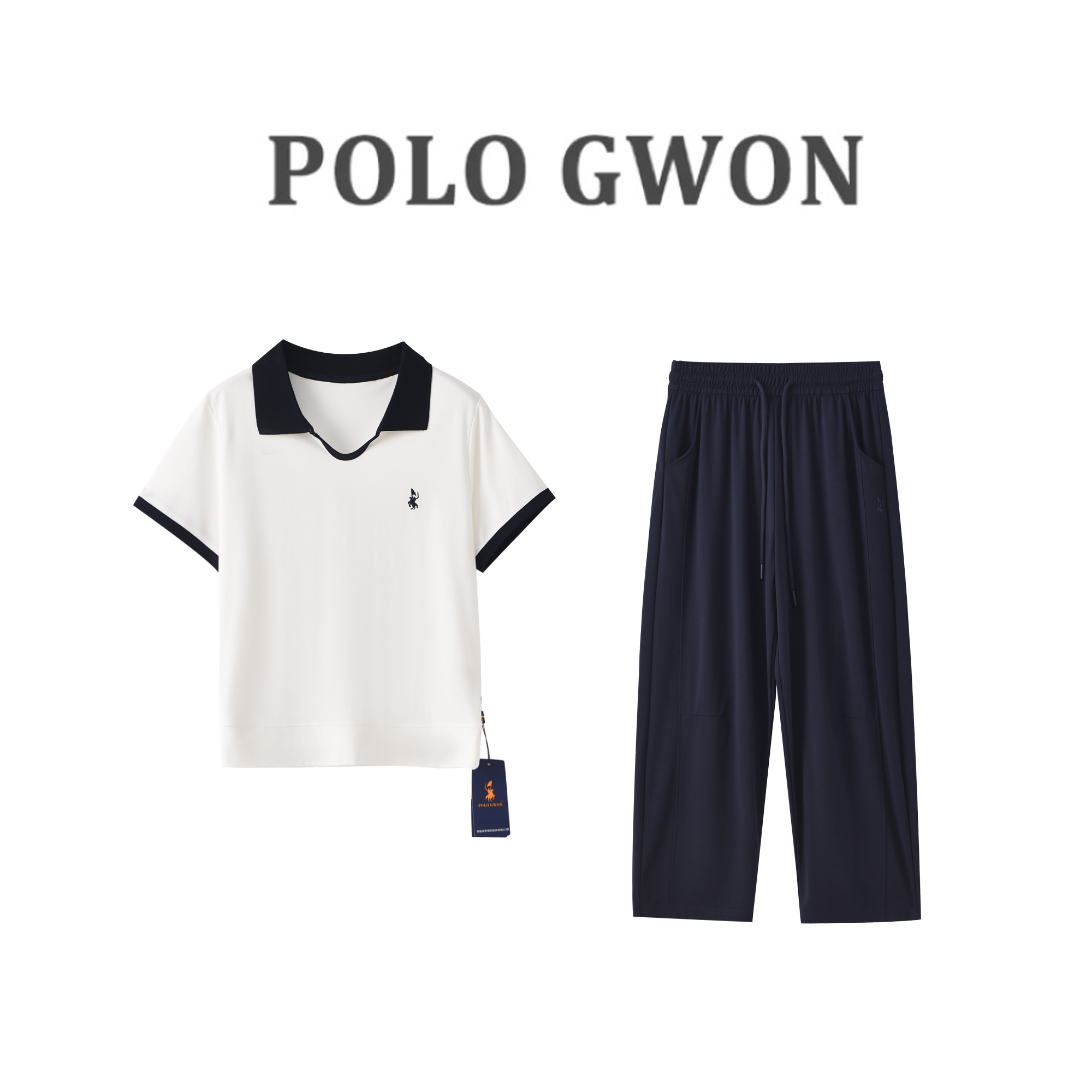 品牌正品 POLOGWON/保罗-U型翻领短袖+九分裤夏季套装