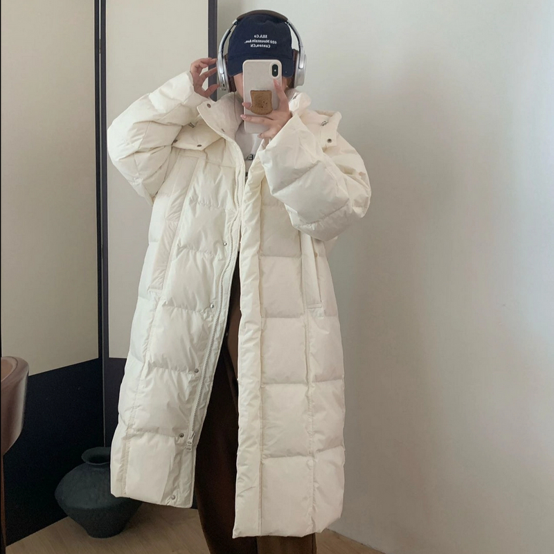 长款过膝连帽秋冬韩版羽绒服女冬2025新款保暖外套时尚1白鸭绒