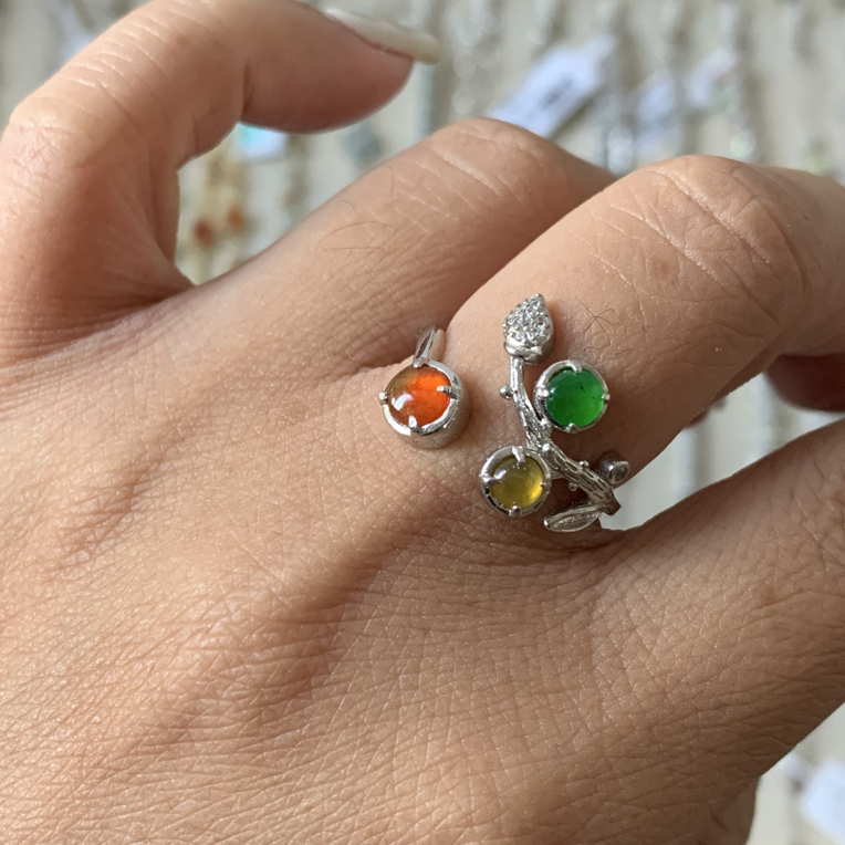 纯天然缅甸翡翠A货高冰多宝花枝戒指气质轻奢时尚