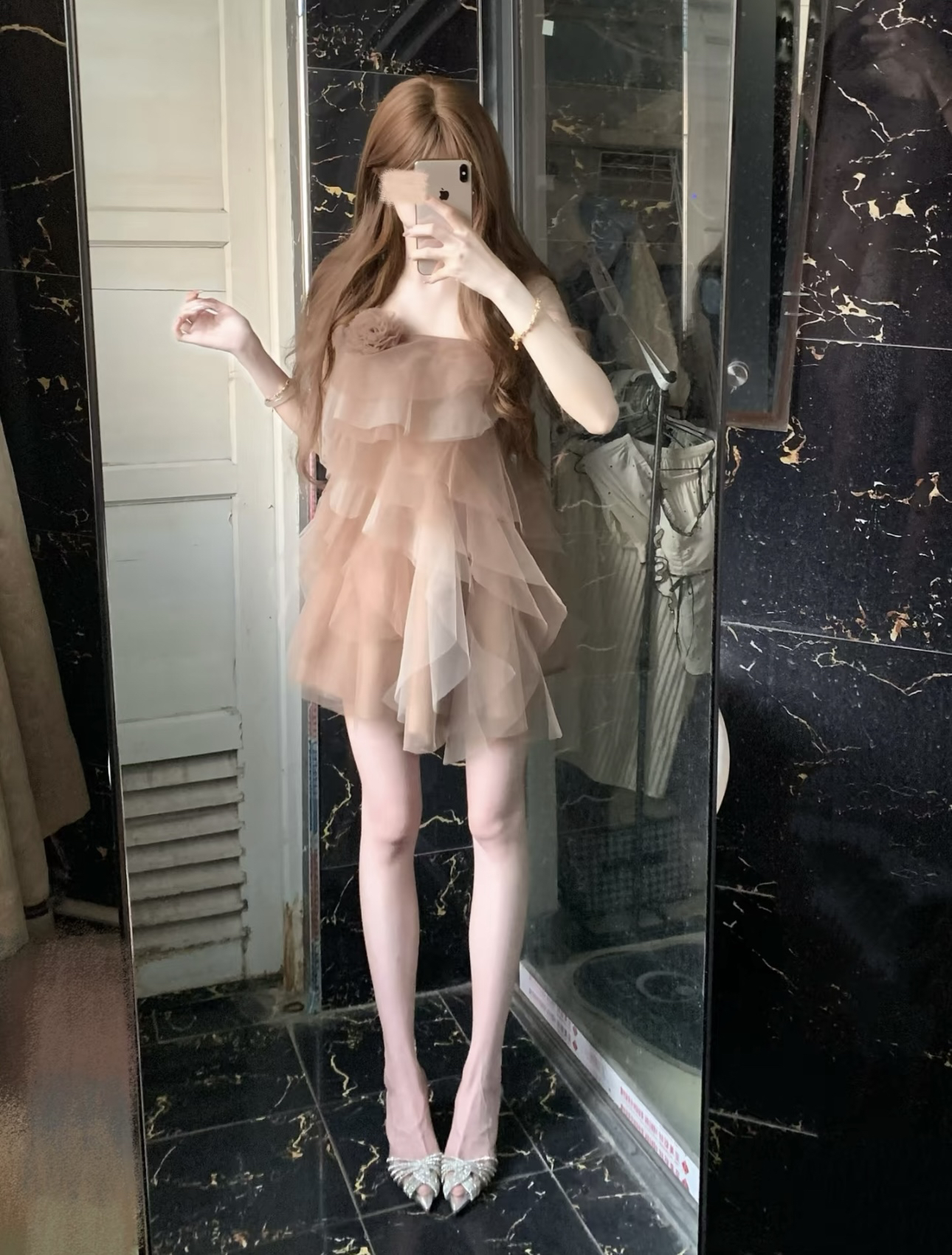 心动muse/氛围感斜肩多层网纱拼接短款花朵纱裙连衣裙