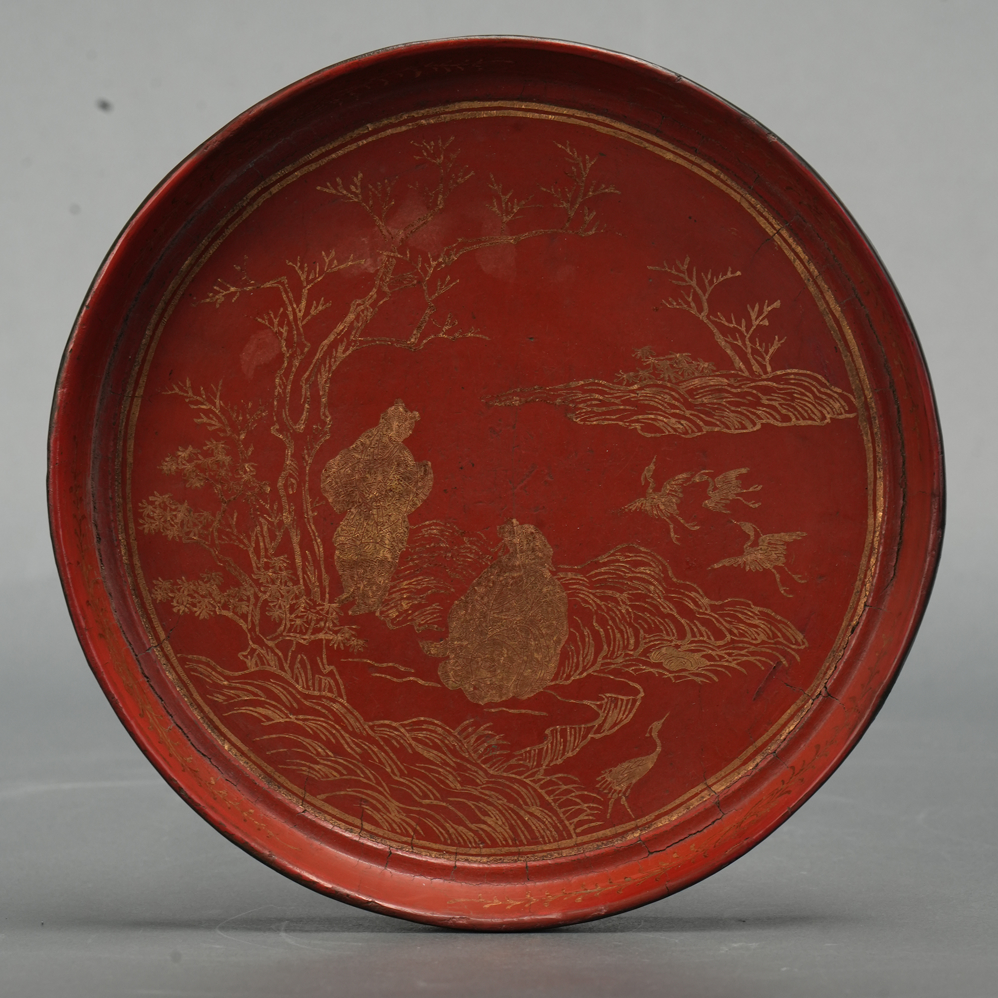 LOT 021516明末清初 朱漆托金描金仙境香盘【古董拍卖】