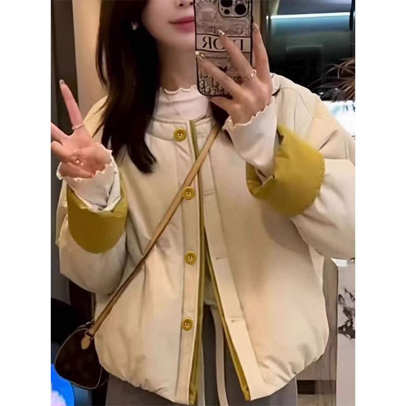 秋冬新款韩系撞色2025单排棉服外套圆领短款时尚小个子棉衣