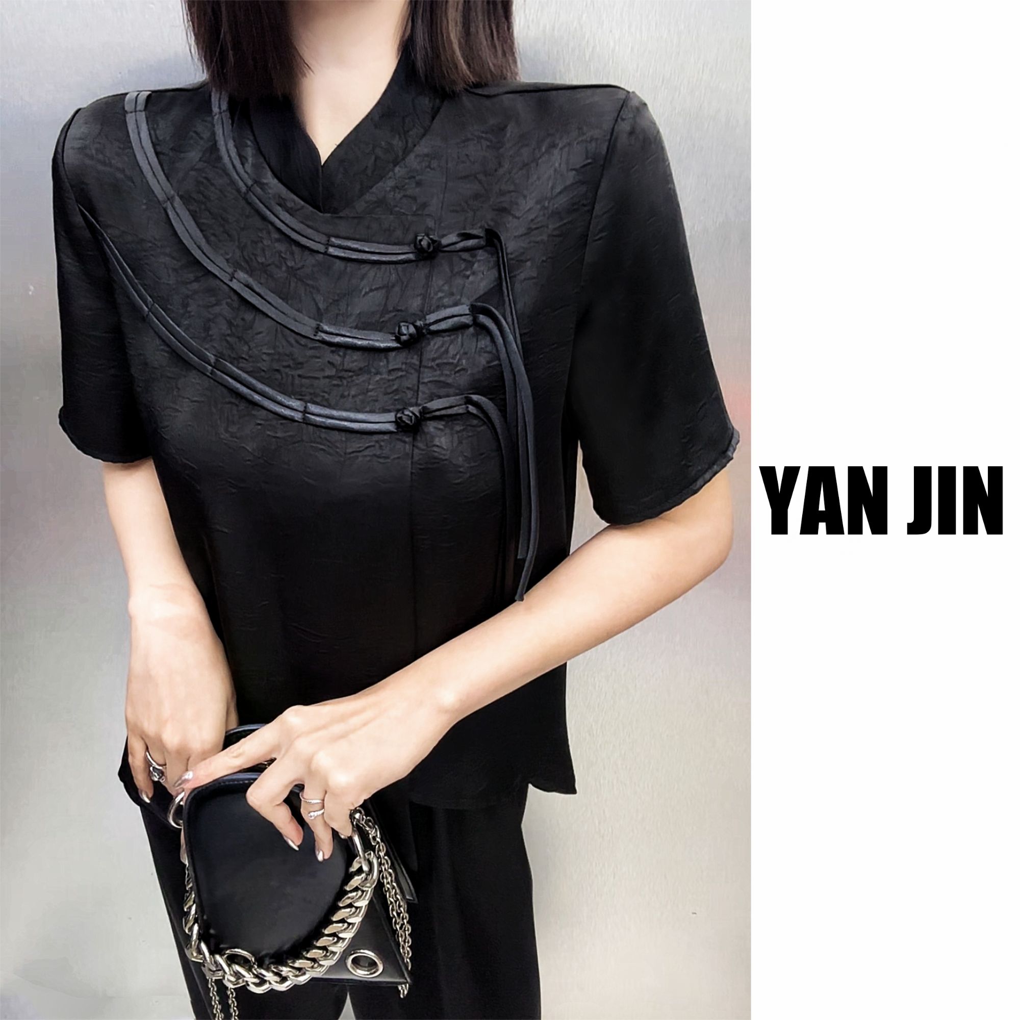 【古韵醋酸套装】-显瘦气质休闲套装厚醋酸 拍上衣送裤子- 套装