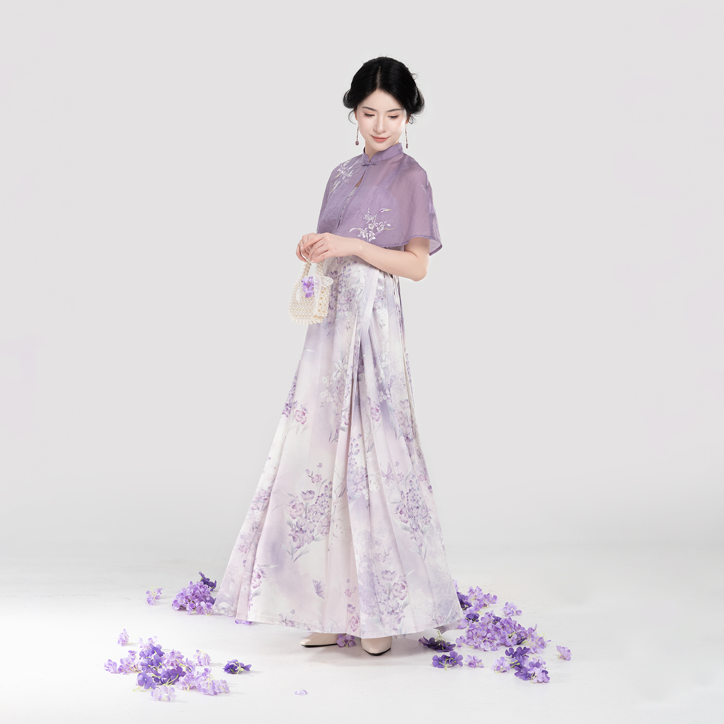 织造司[薰紫烟]新中式立领短披肩莱赛尔刺绣吊带连衣裙女（套装）