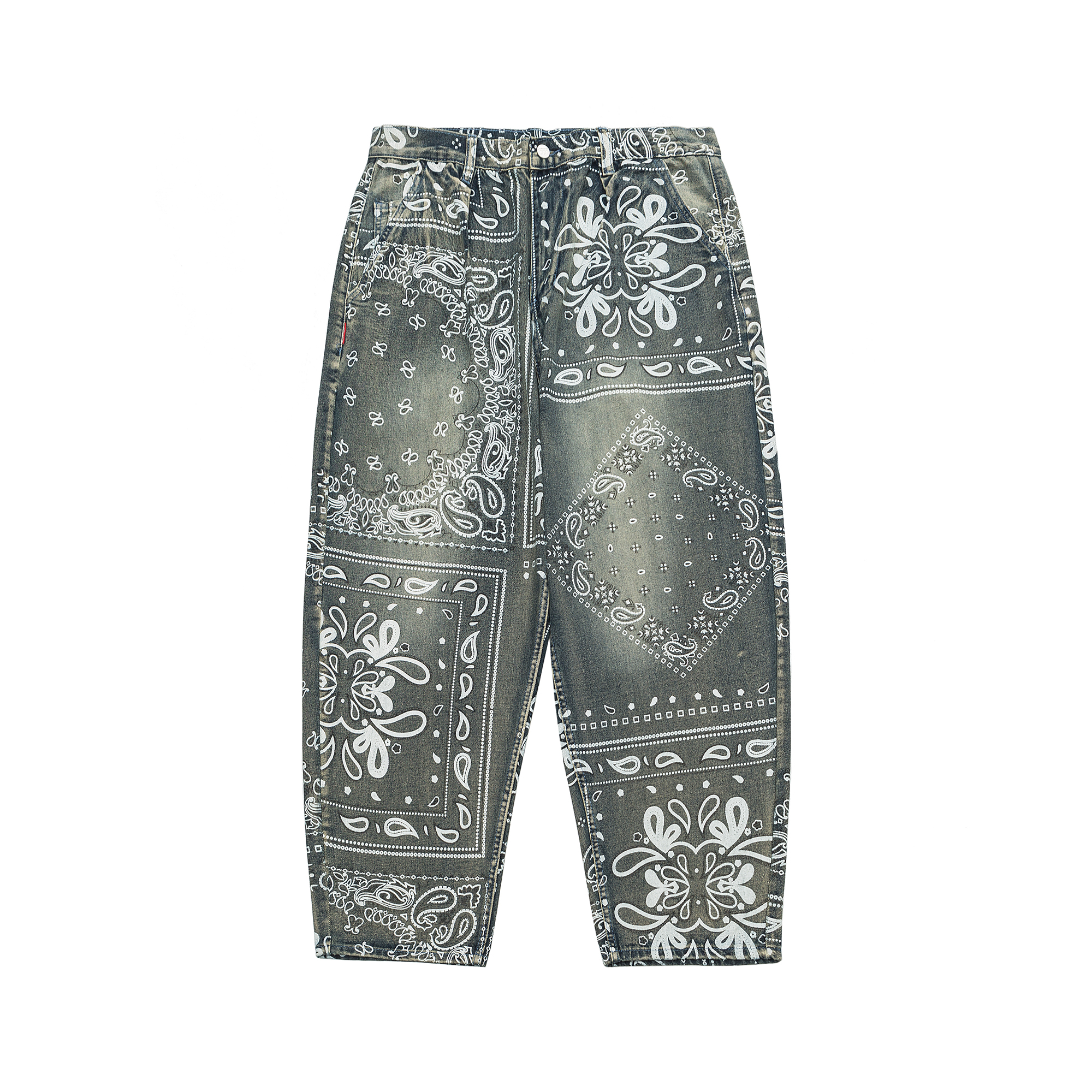 Medaigual复古水洗腰果花变形虫印花宽松锥形裤男街头滑板牛仔裤