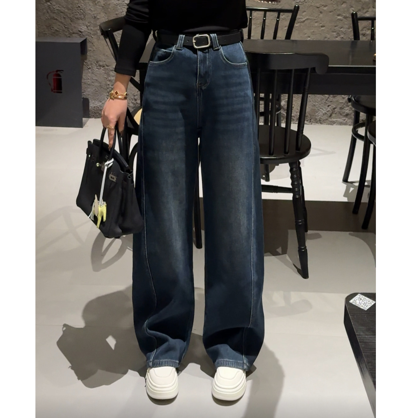 MY【怒推款】冬季新款重磅复合加绒加厚弯刀牛仔裤重工侧拼缝阔腿裤