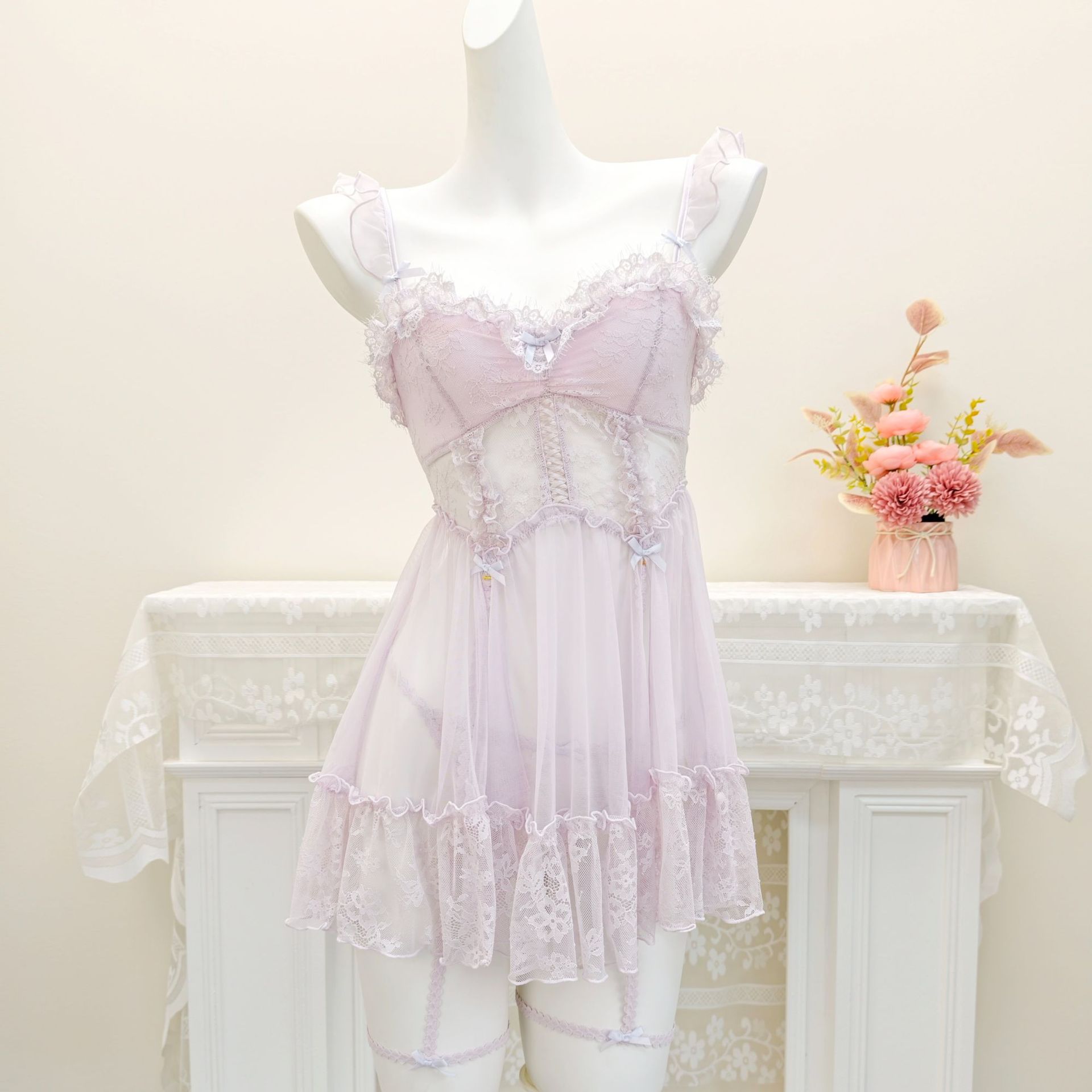 绝美法式性感睡裙蕾丝重工拼接吊带优雅气质高级感睡衣