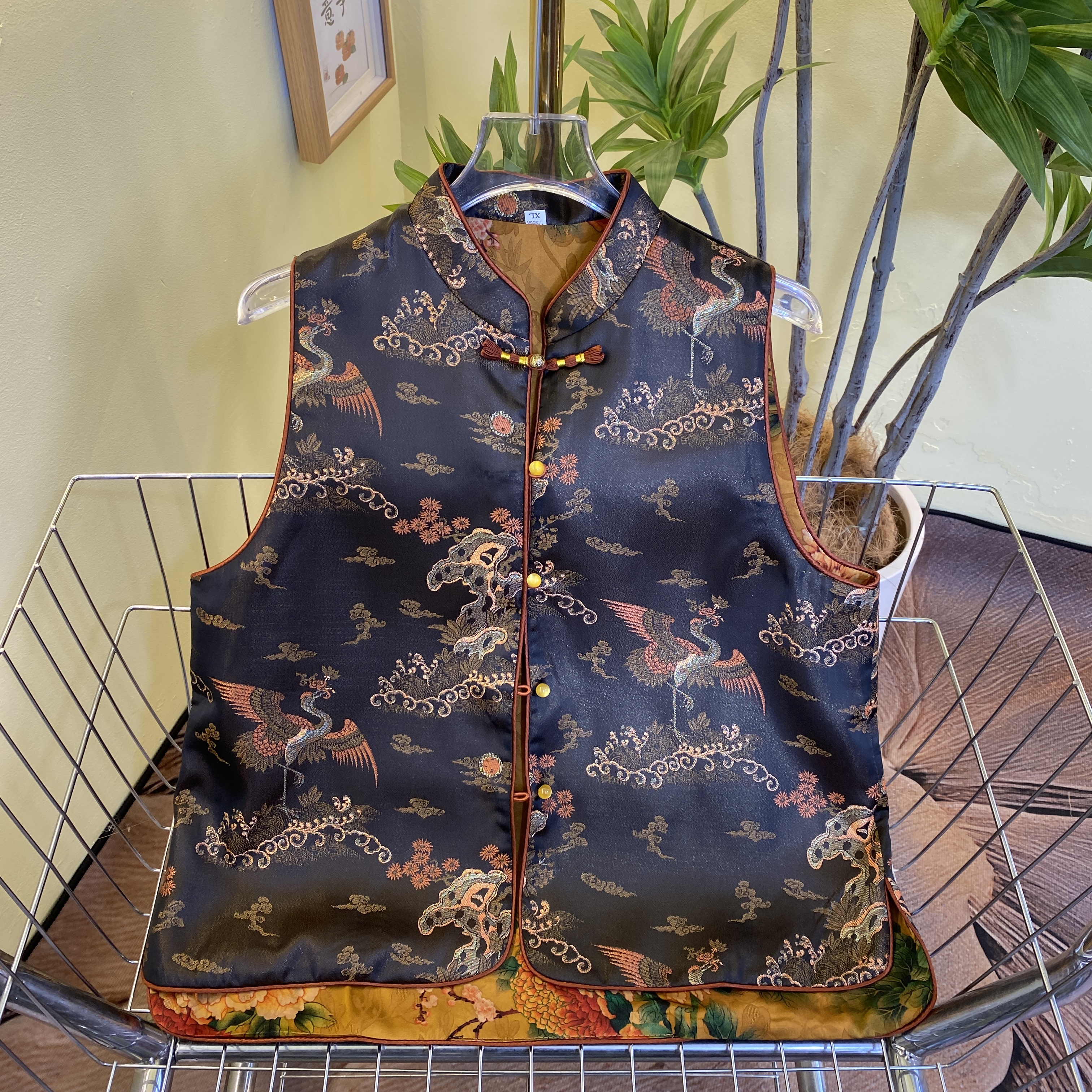 仙鹤牡丹提花正反双穿唐装盘扣马甲女士女款坎肩外套复古马夹女装