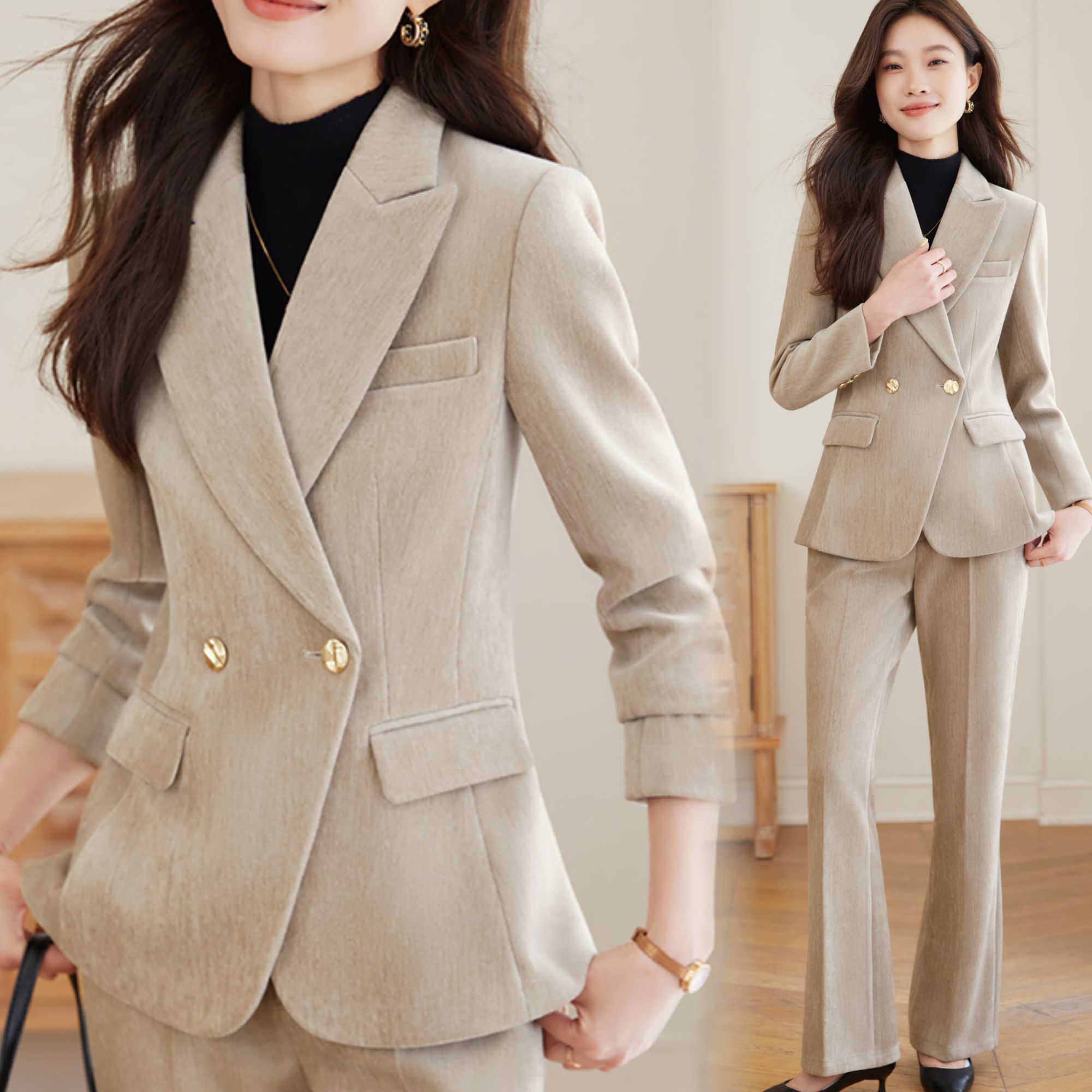 免烫处理西装套装冬季加厚呢子双排扣西装女神范气质修身西服