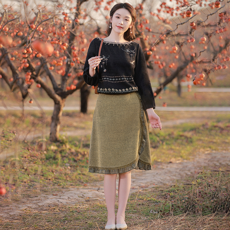 烟花烫国风气质套装女秋冬新款圆领长袖针织衫半身裙 绯萤萤绯