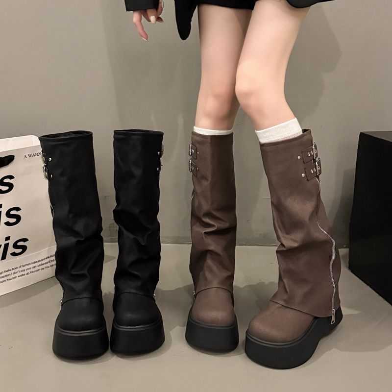 靴女高跟鞋2025秋季长靴新款高筒流行时装靴圆头平跟皮带扣长筒靴