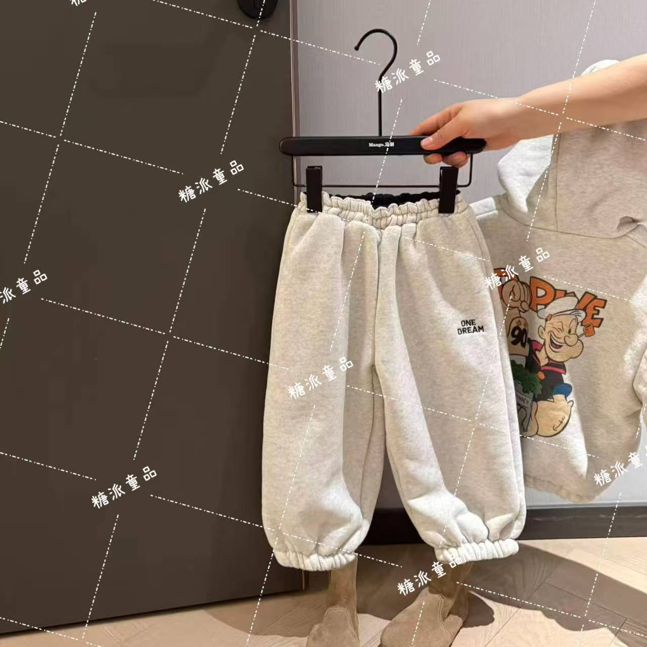 【单独一件裤子】4039秋冬新款灰色刺绣可两穿加厚儿童束脚卫裤